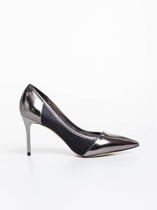 Tanishka sötét ezüstszínű női magassarkú cipő ökológiai bőrből és textil anyagból, 5 - Kalapod.hu