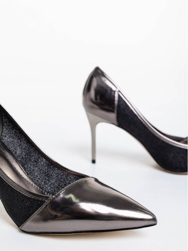 Tanishka sötét ezüstszínű női magassarkú cipő ökológiai bőrből és textil anyagból, 6 - Kalapod.hu