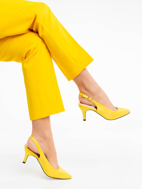 Opaline sárga női magassarkú cipő textil anyagból, 4 - Kalapod.hu