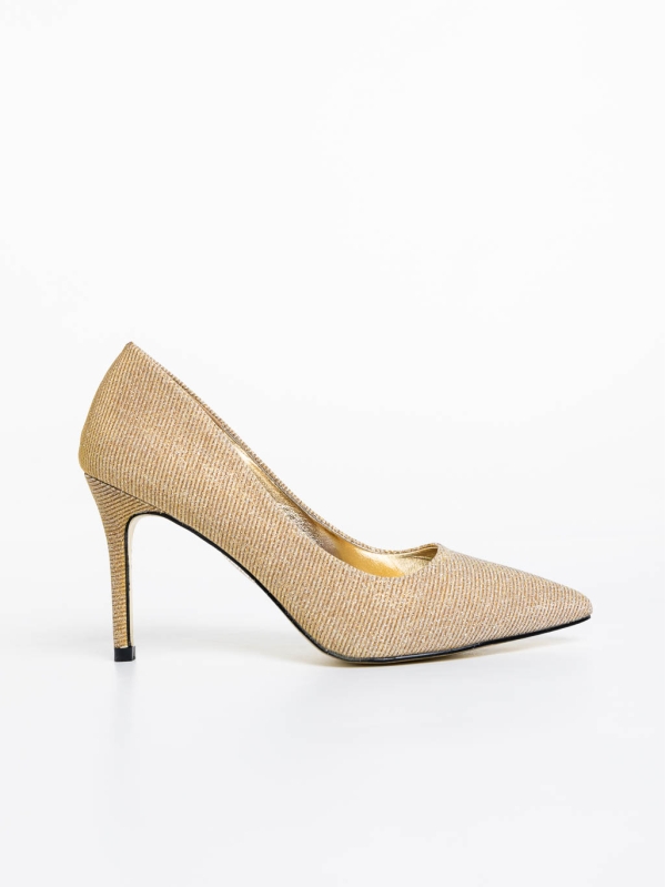 Odella aranyszínű női magassarkú cipő textil anyagból, 5 - Kalapod.hu