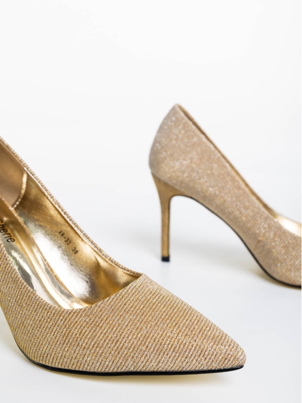 Odella aranyszínű női magassarkú cipő textil anyagból, 6 - Kalapod.hu