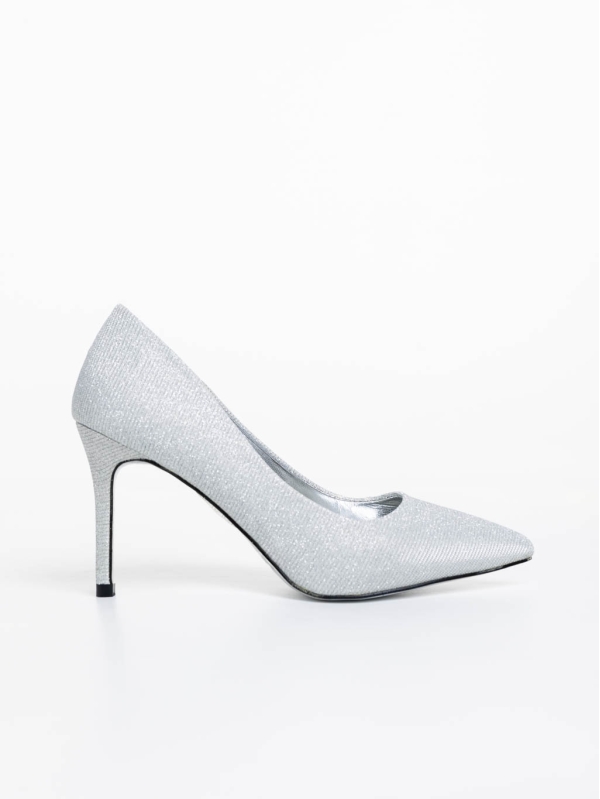 Odella ezüstszínű női magassarkú cipő textil anyagból, 5 - Kalapod.hu