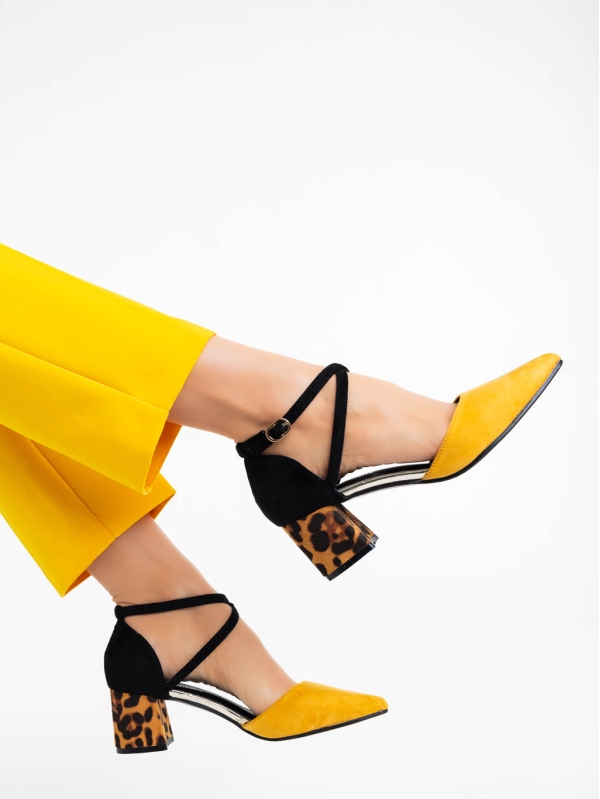 Sisley sárga női magassarkú cipő textil anyagból, 4 - Kalapod.hu