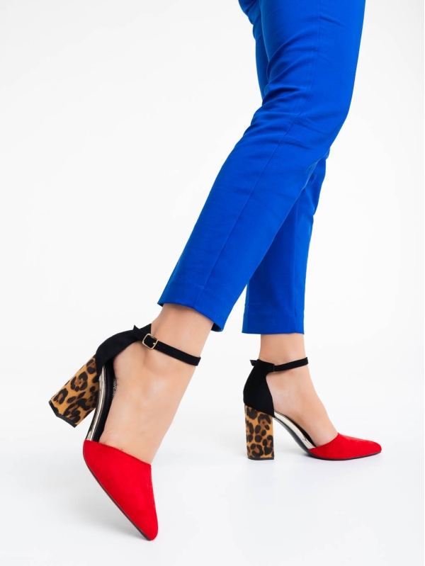 Sonay piros női magassarkú cipő textil anyagból, 3 - Kalapod.hu