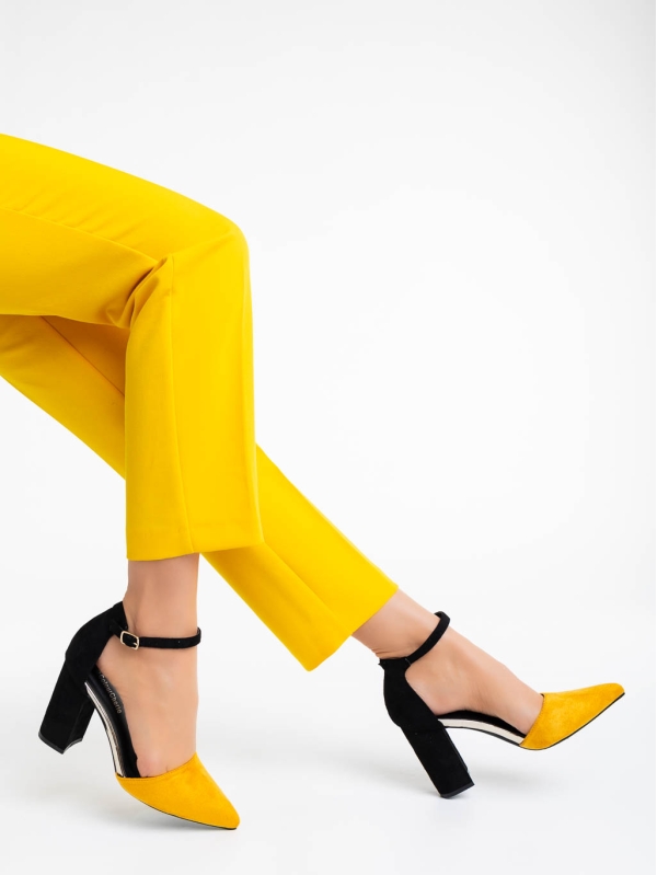 Sapna sárga női magassarkú cipő textil anyagból, 4 - Kalapod.hu