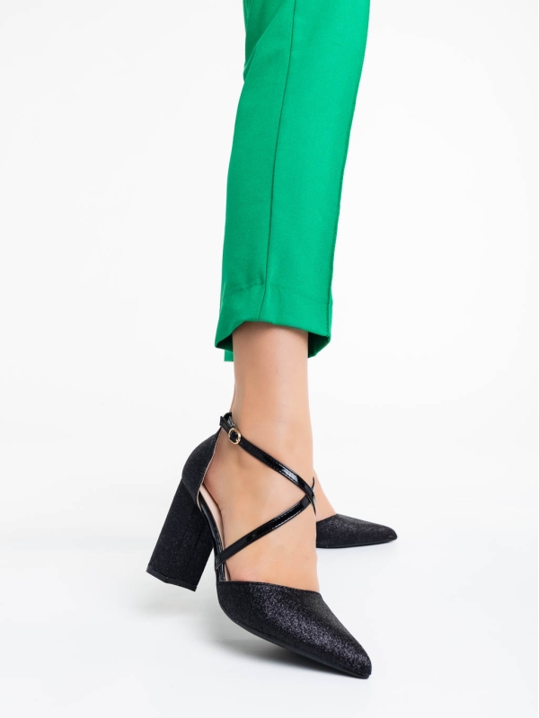 Sirenna fekete női magassarkú cipő textil anyagból, 2 - Kalapod.hu