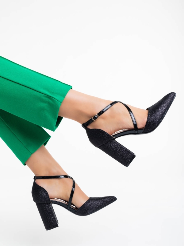 Sirenna fekete női magassarkú cipő textil anyagból, 3 - Kalapod.hu