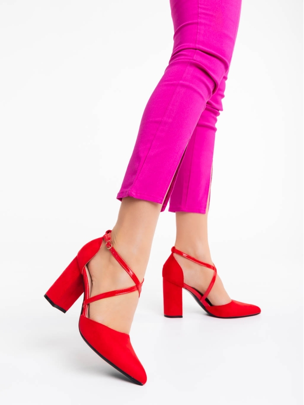 Sirenna piros női magassarkú cipő textil anyagból, 3 - Kalapod.hu