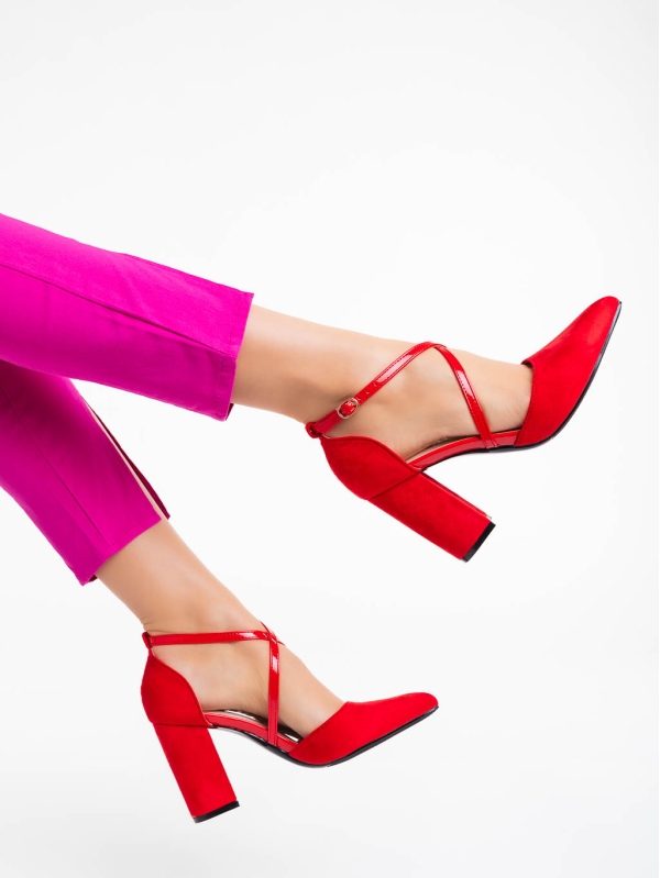 Sirenna piros női magassarkú cipő textil anyagból, 4 - Kalapod.hu