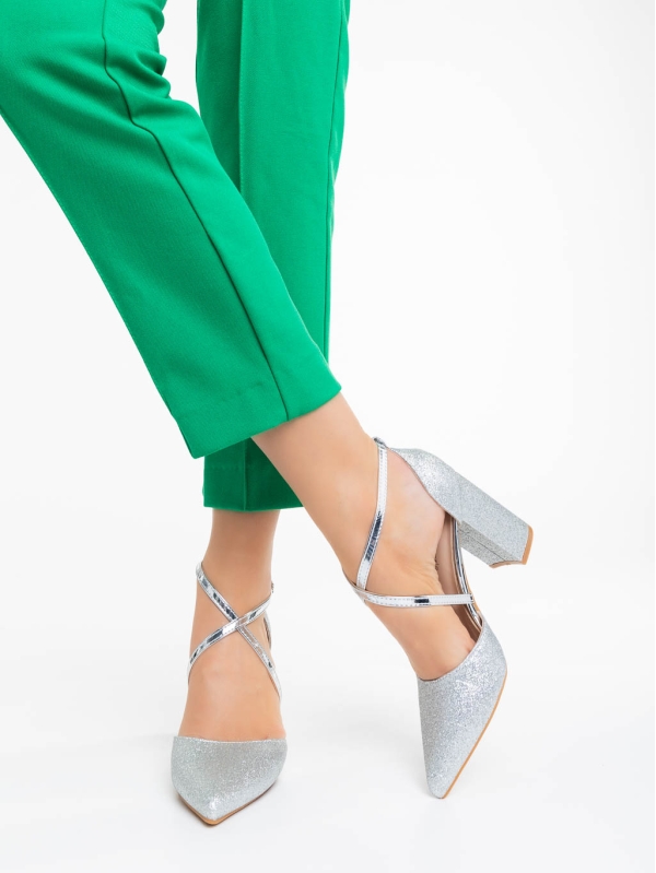 Sirenna ezüstszínű női magassarkú cipő textil anyagból, 4 - Kalapod.hu