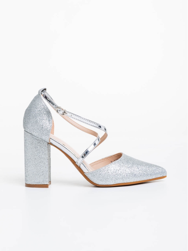 Sirenna ezüstszínű női magassarkú cipő textil anyagból, 5 - Kalapod.hu