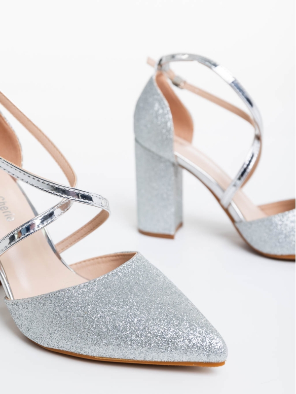 Sirenna ezüstszínű női magassarkú cipő textil anyagból, 6 - Kalapod.hu