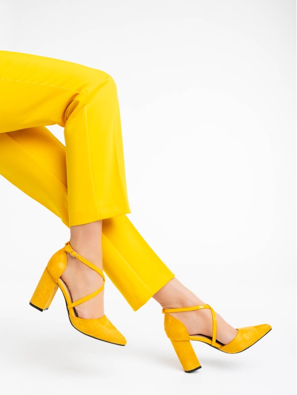 Sirenna sárga női magassarkú cipő textil anyagból, 4 - Kalapod.hu
