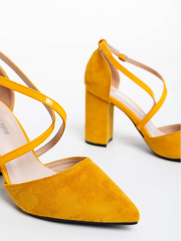 Sirenna sárga női magassarkú cipő textil anyagból, 6 - Kalapod.hu