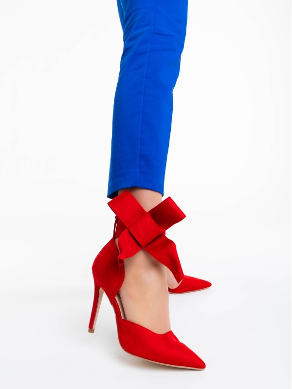 Tanicha piros női magassarkú cipő textil anyagból, 3 - Kalapod.hu