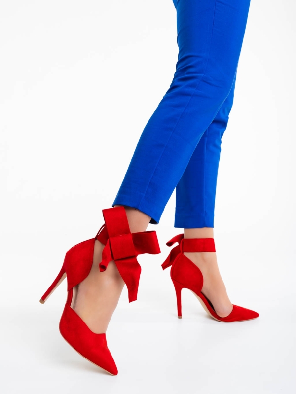 Tanicha piros női magassarkú cipő textil anyagból, 4 - Kalapod.hu
