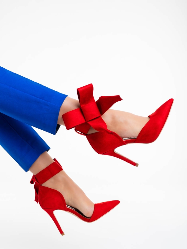 Tanicha piros női magassarkú cipő textil anyagból, 5 - Kalapod.hu
