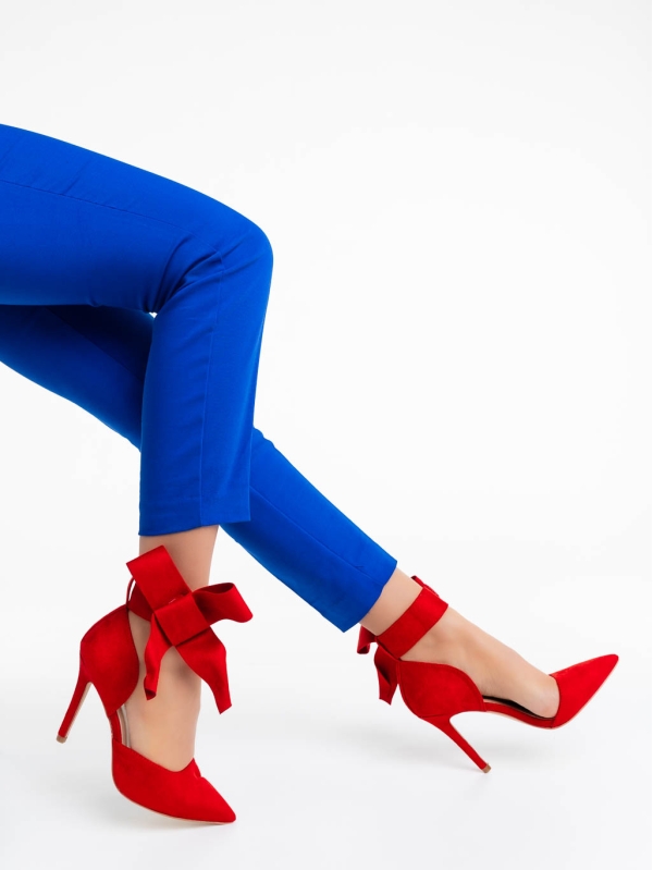 Tanicha piros női magassarkú cipő textil anyagból, 6 - Kalapod.hu