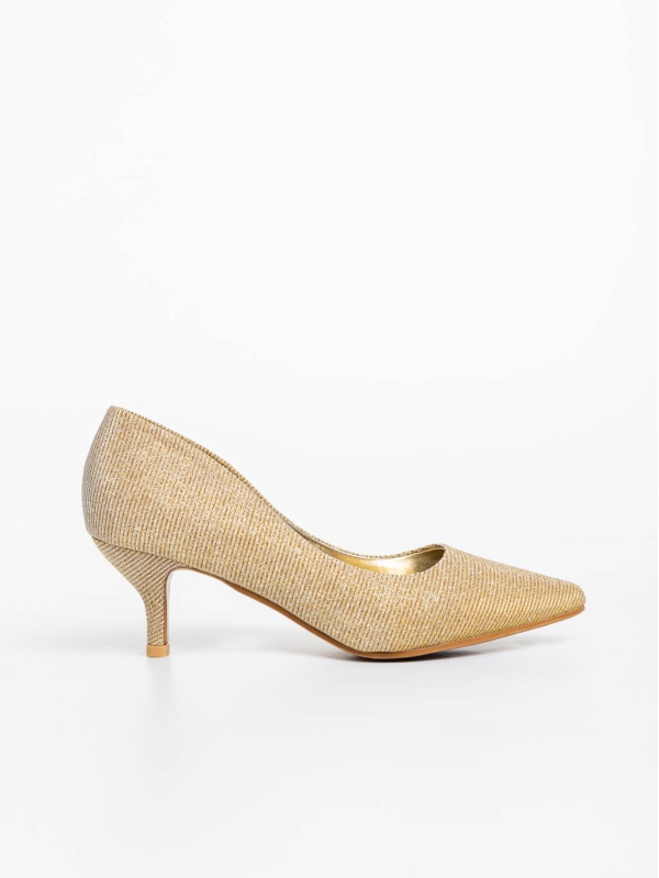 Desma aranyszínű női magassarkú cipő textil anyagból, 5 - Kalapod.hu