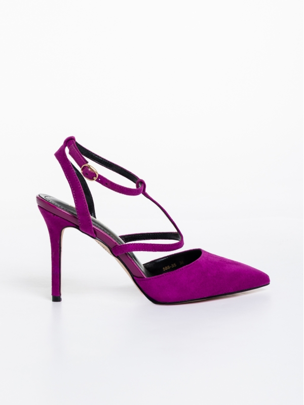 Caramela sötét lila női magassarkú cipő textil anyagból, 5 - Kalapod.hu