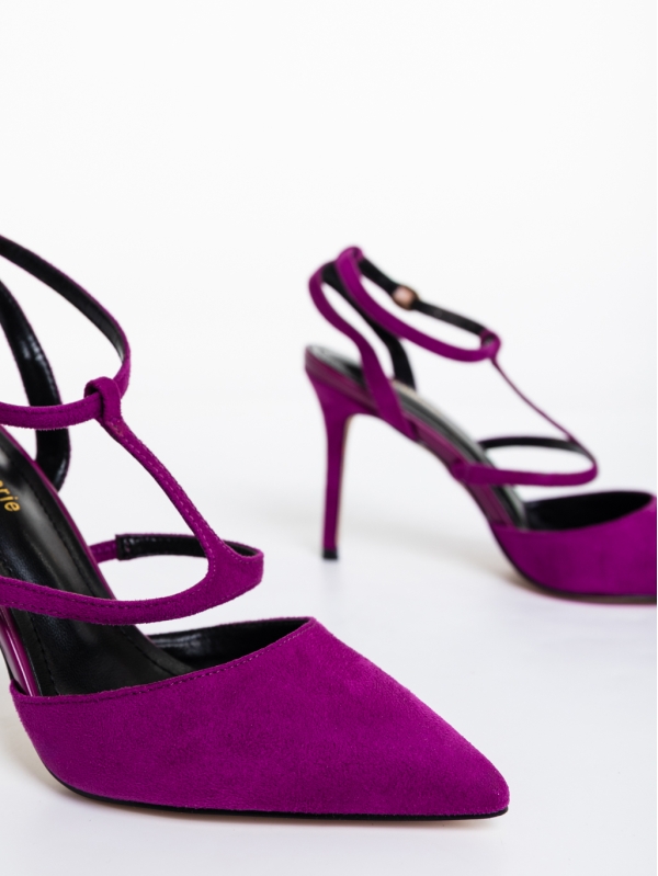 Caramela sötét lila női magassarkú cipő textil anyagból, 6 - Kalapod.hu