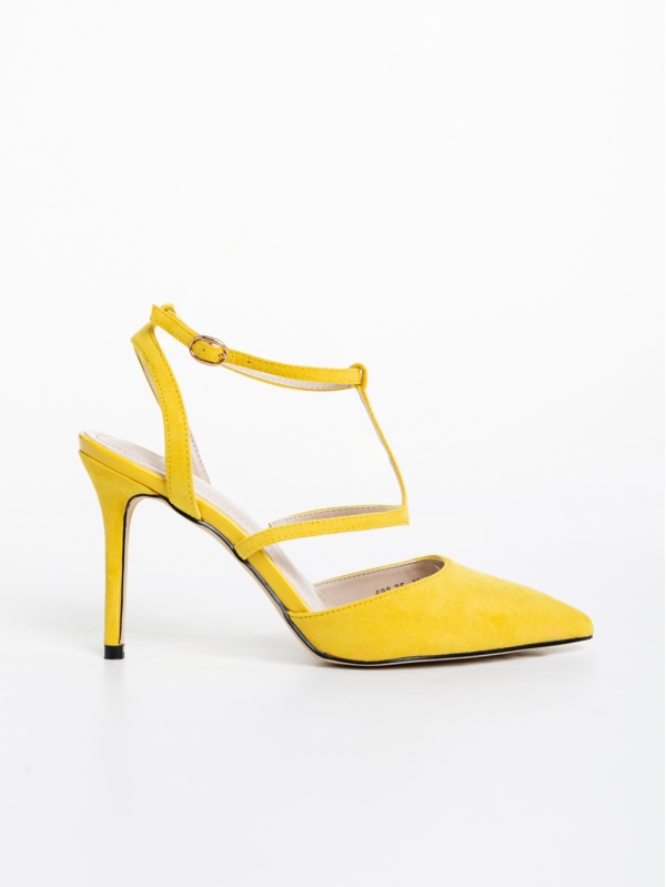 Caramela sárga női magassarkú cipő textil anyagból, 5 - Kalapod.hu
