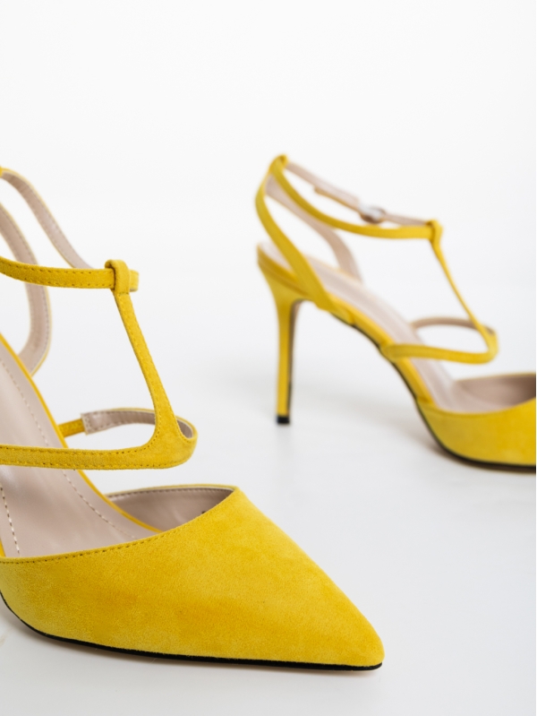 Caramela sárga női magassarkú cipő textil anyagból, 6 - Kalapod.hu