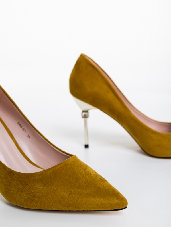Blanche sötét sárga női magassarkú cipő textil anyagból, 6 - Kalapod.hu