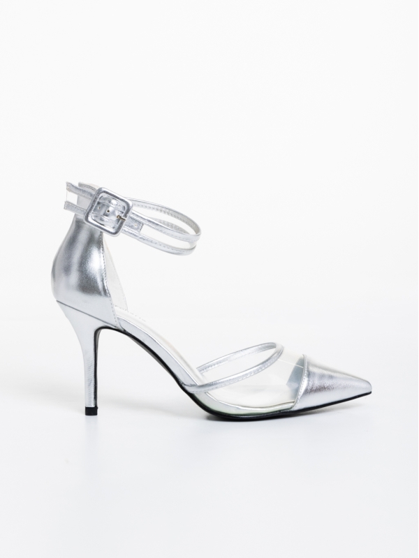 Floriette ezüstszínű női magassarkú cipő textil anyagból, 5 - Kalapod.hu