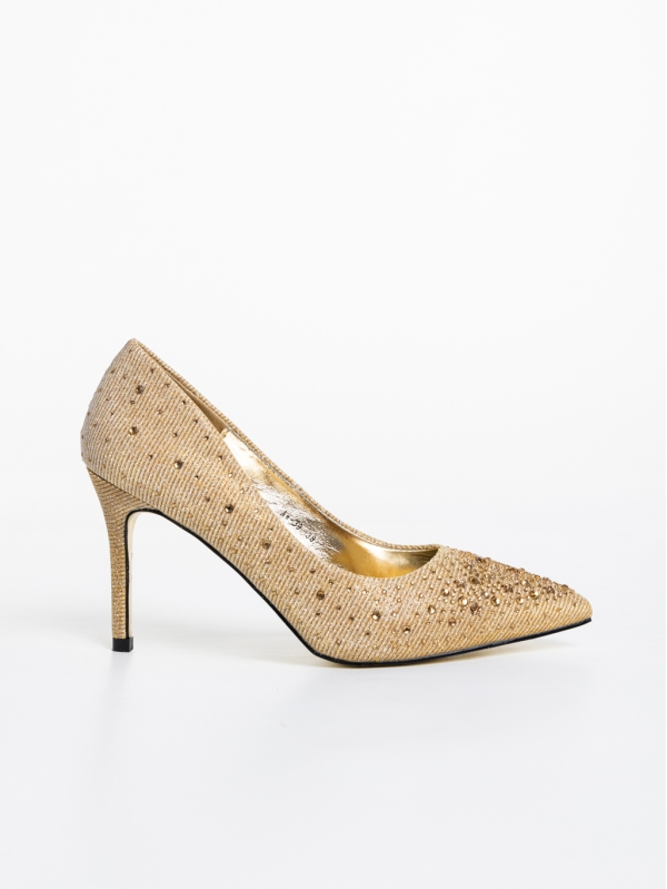 Lycia aranyszínű női magassarkú cipő textil anyagból, 5 - Kalapod.hu