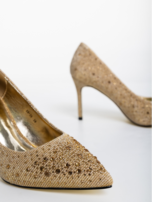 Lycia aranyszínű női magassarkú cipő textil anyagból, 6 - Kalapod.hu