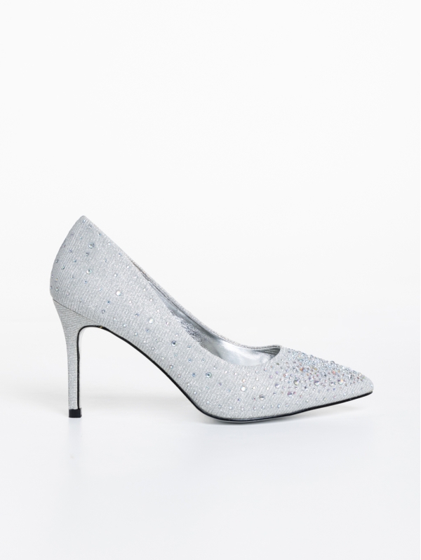 Lycia ezüstszínű női magassarkú cipő textil anyagból, 5 - Kalapod.hu