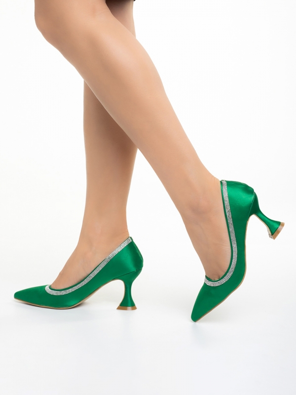 Tanica zöld női cipő sarokkal, textil anyagból készült, 2 - Kalapod.hu